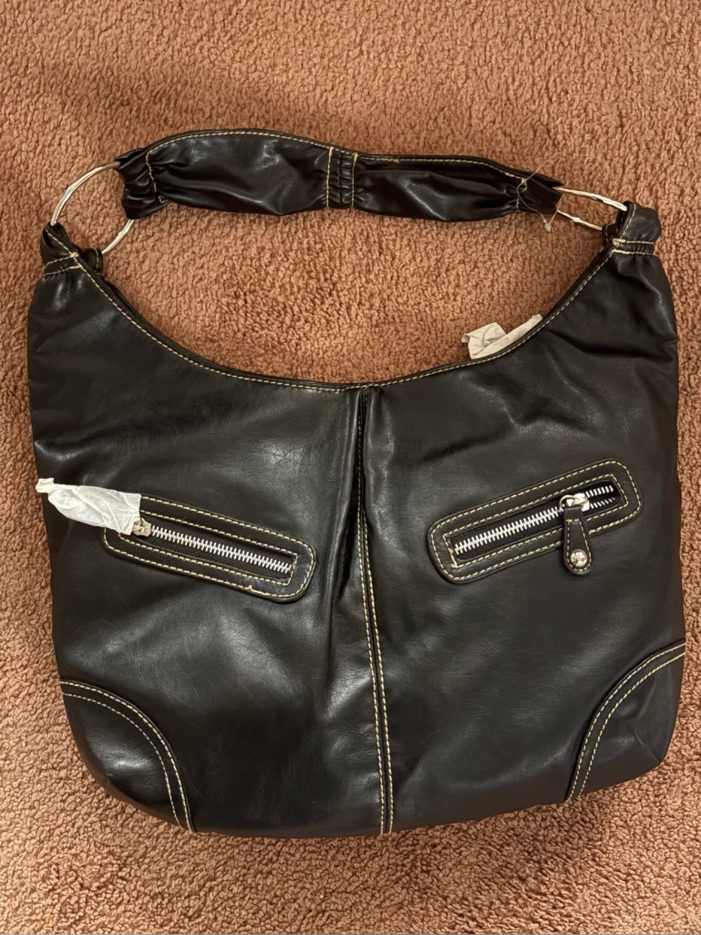 Classic Black Shoulder Hobo Bag with Contrast Stitching